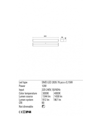 Task Chrome 12W L-60cm IP44/Seinavalgusti