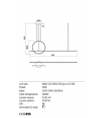 Giotto Pendant White 49W LED/ Rippvalgusti