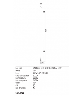 Ito White 7W H-80cm / Rippvalgusti