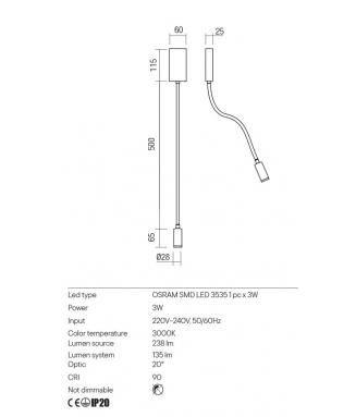 Wallie White 01-2754, 3W LED +USB / Seinavalgusti